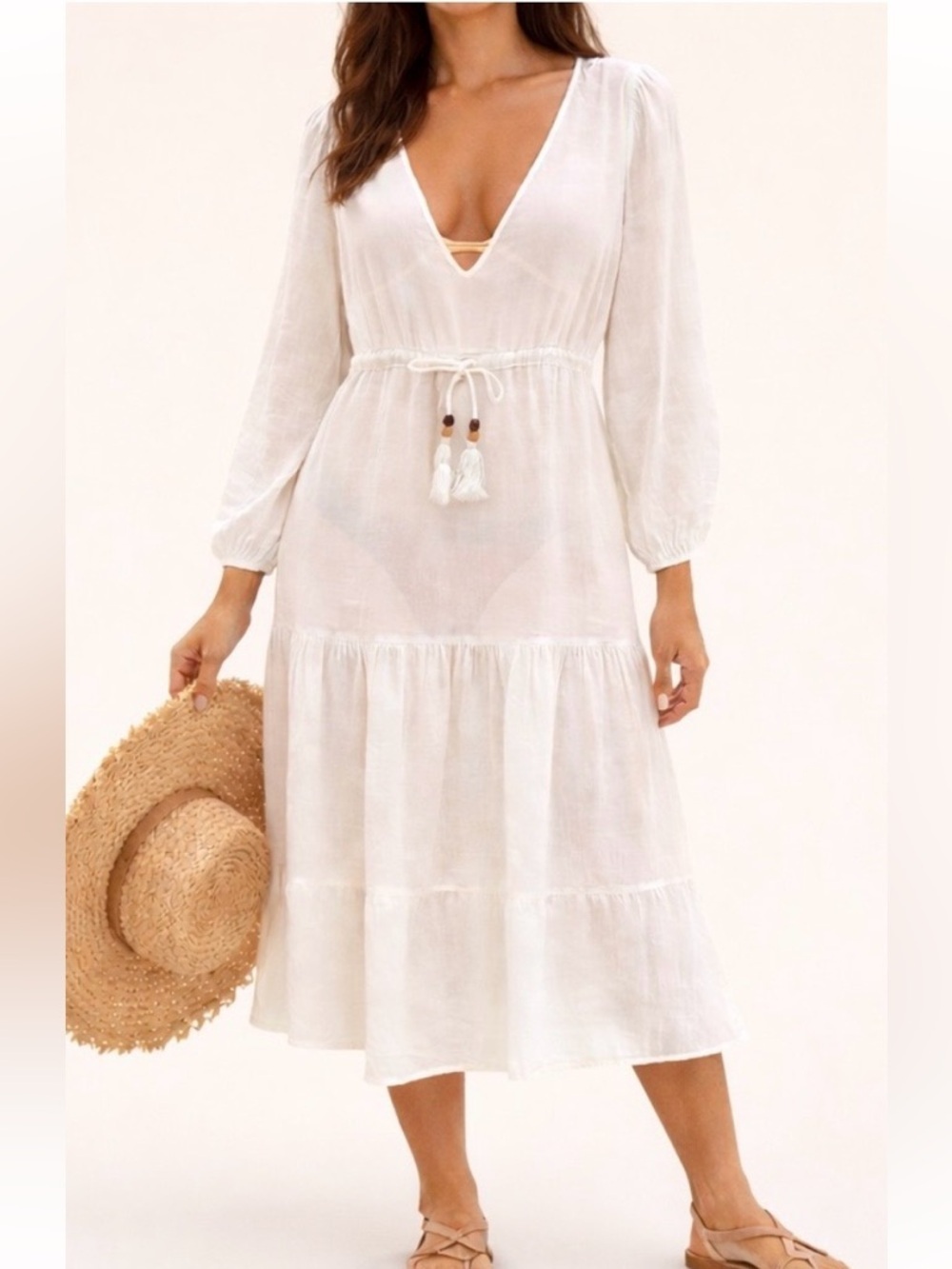 Joie White Linen Blend Beach Cover Up Dress M Tassel Tie Resort Midi